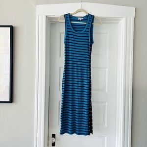 Sundry Maxi Dress. Blue azure stripes. Rubbed fabric. Snaps up the side.